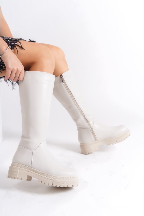 MIRA Bağcıksız Fermuarlı Ortopedik Taban Kadın Çizme CKT - Krem