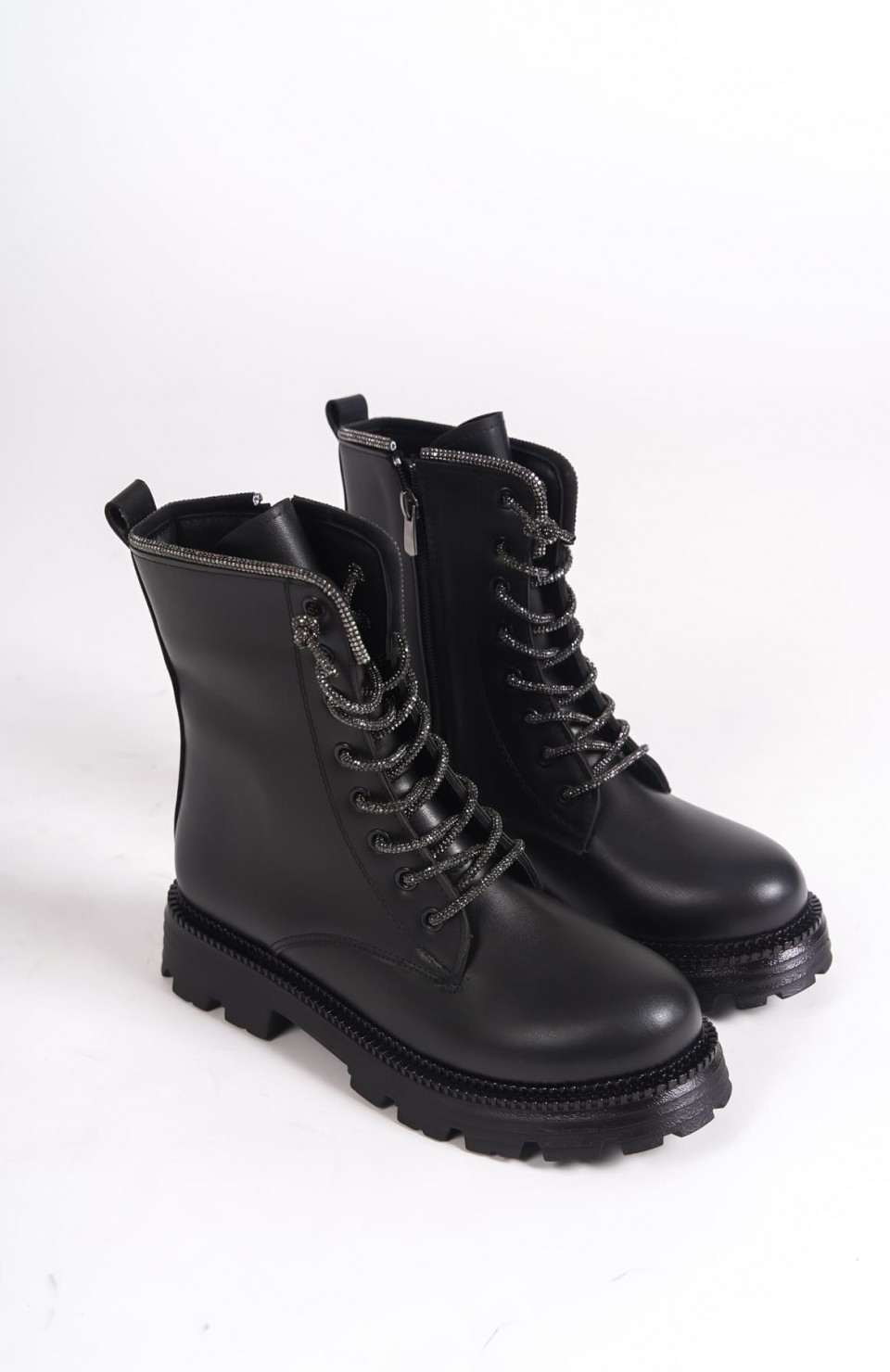 PAMELA Bağcıklı Fermuarlı Ortopedik Taban Taşlı Kadın Bot CST - Siyah