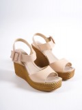 PERLA Tokalı Lastikli Dolgu Topuklu Ortopedik Taban Hasır Görünümlü Kadın Sandalet CKT - Ten