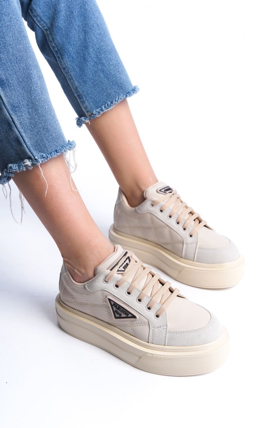 PRAG Bağcıklı Ortopedik Taban Desenli Kadın Sneaker Spor Ayakkabı  CKT - Krem