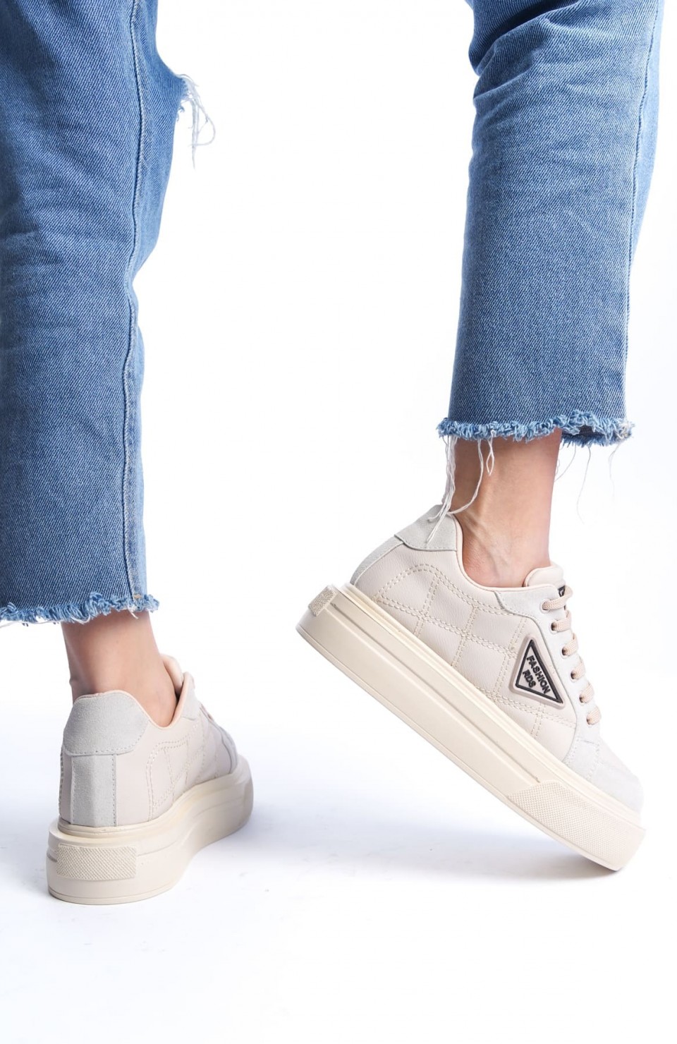 PRAG Bağcıklı Ortopedik Taban Desenli Kadın Sneaker Spor Ayakkabı  CKT - Krem