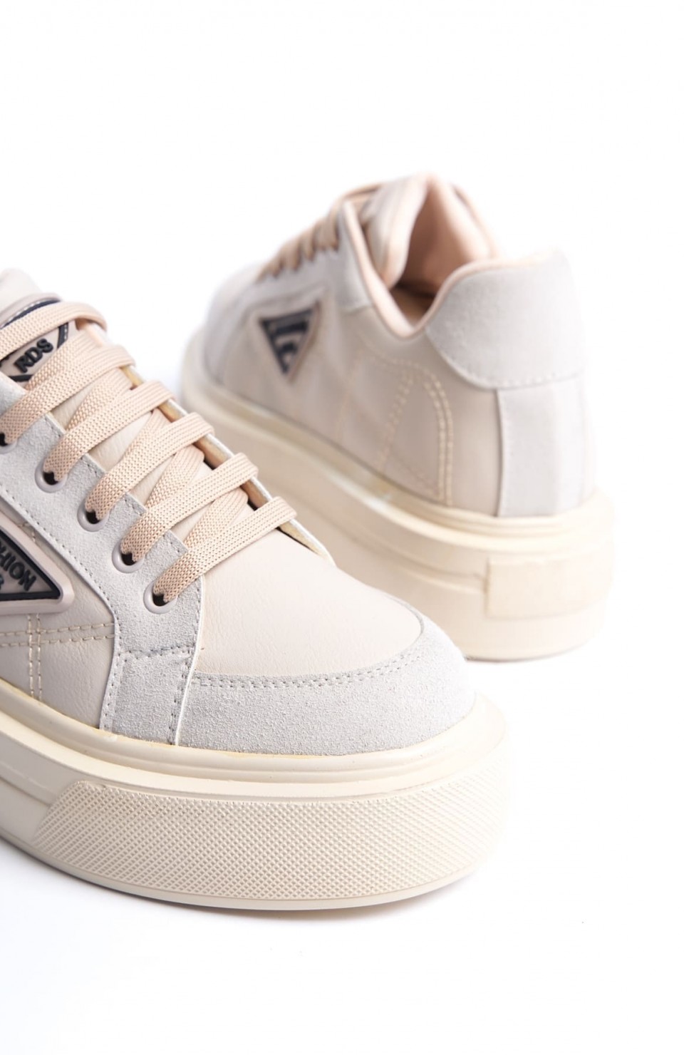 PRAG Bağcıklı Ortopedik Taban Desenli Kadın Sneaker Spor Ayakkabı  CKT - Krem