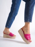REINA Dolgu Topuklu Ortopedik Taban Hasır Görünümlü Kadın Terlik CKT - Fuşya