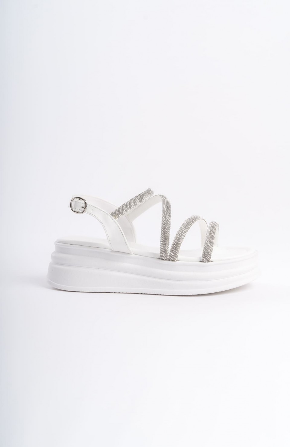 RILEY İnce Tokalı Taşlı Şeritli Ortopedik Taban Kadın Sandalet CBT - Beyaz