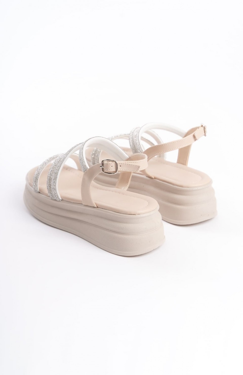 RILEY İnce Tokalı Taşlı Şeritli Ortopedik Taban Kadın Sandalet  CKT - Krem