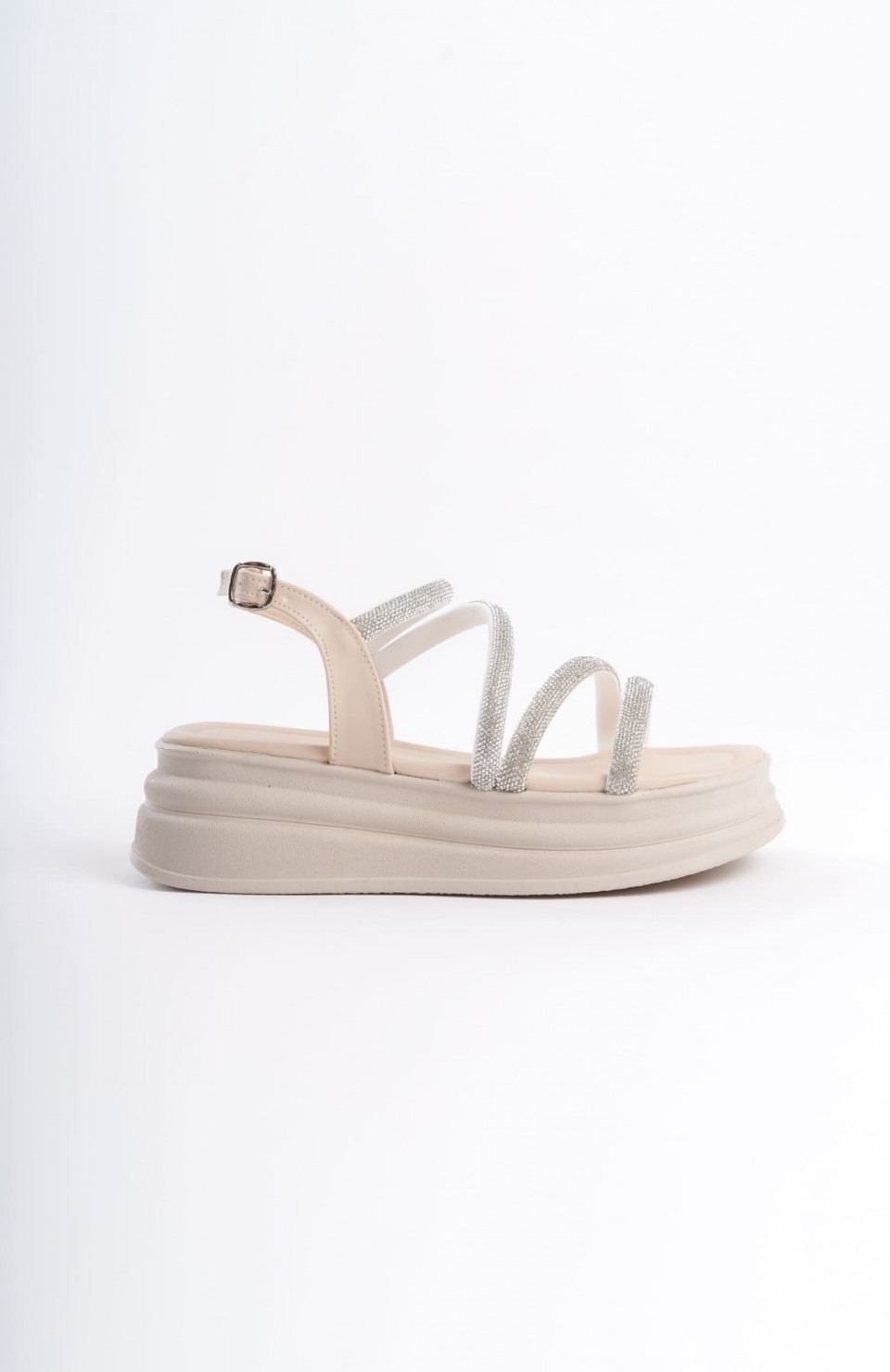 RILEY İnce Tokalı Taşlı Şeritli Ortopedik Taban Kadın Sandalet  CKT - Krem
