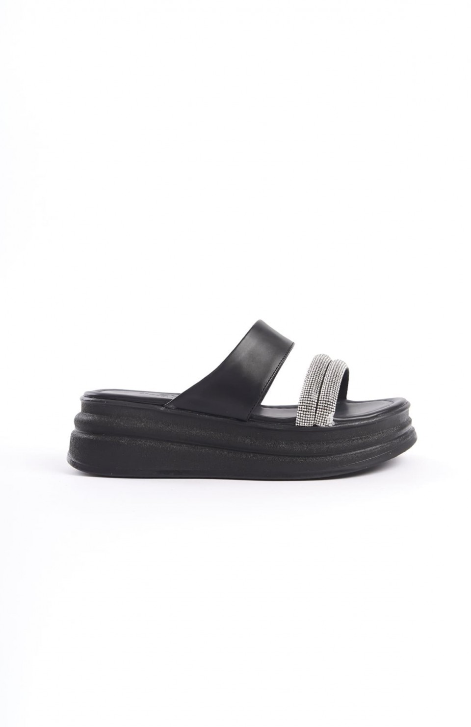 SARAH Düz Topuklu Taşlı Şeritli Kalın ve Ortopedik Taban Kadın Terlik CST - Siyah