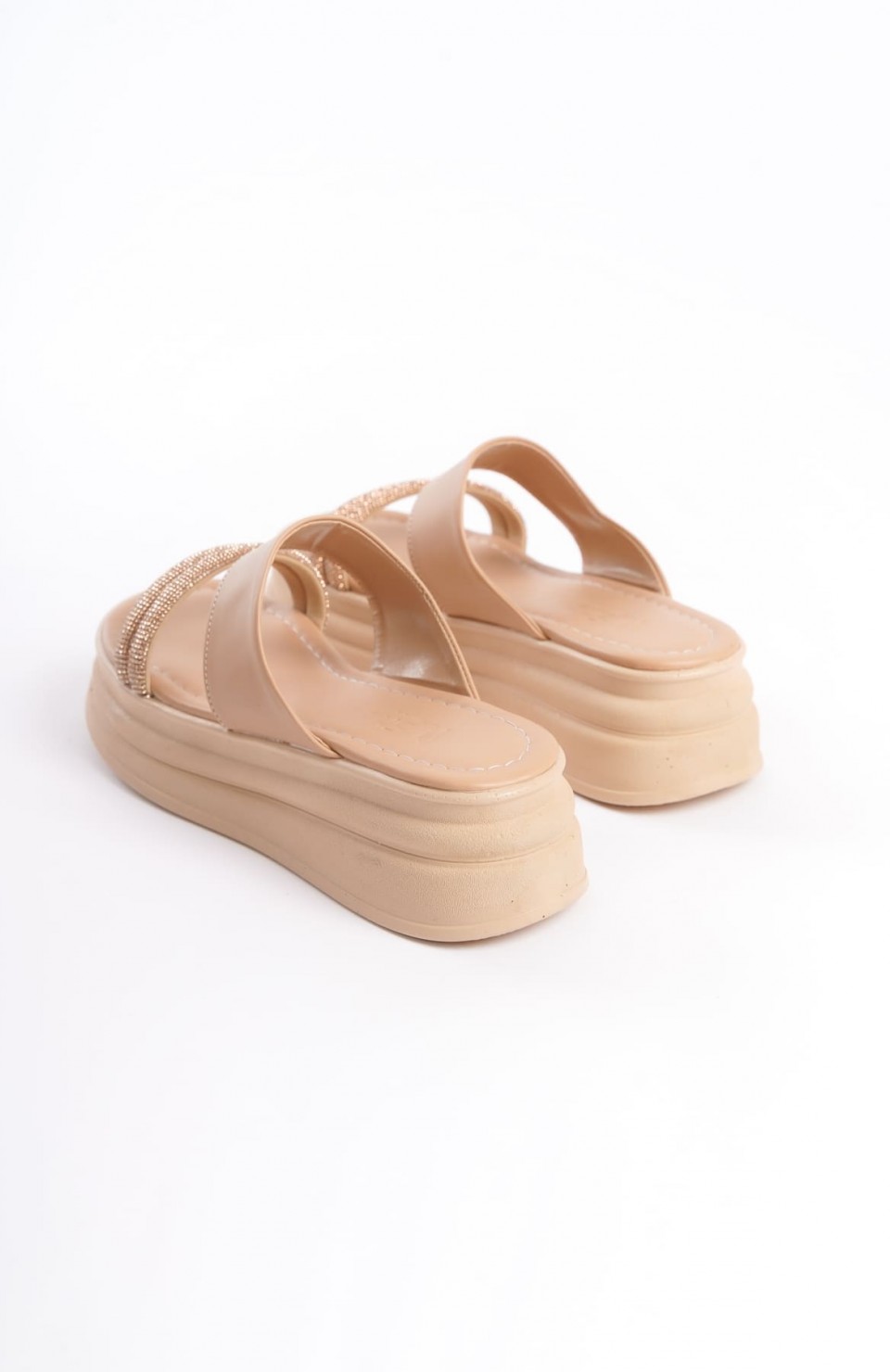 SARAH Düz Topuklu Taşlı Şeritli Kalın ve Ortopedik Taban Kadın Terlik CTT - Ten