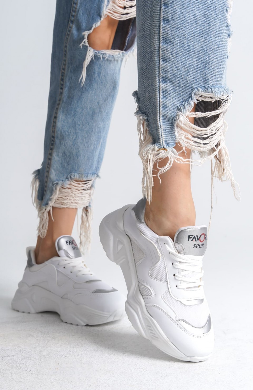 TOKYO Bağcıklı Ortopedik Taban Triko Detaylı Kadın Spor Ayakkabı  TBT - Beyaz/Gri
