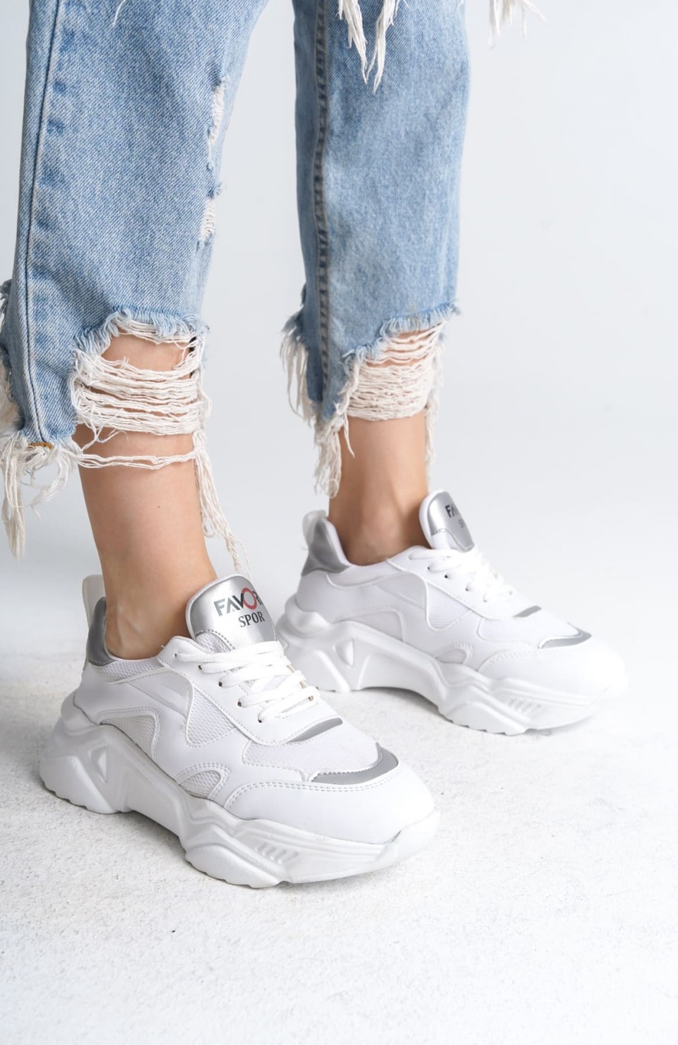 TOKYO Bağcıklı Ortopedik Taban Triko Detaylı Kadın Spor Ayakkabı  TBT - Beyaz/Gri