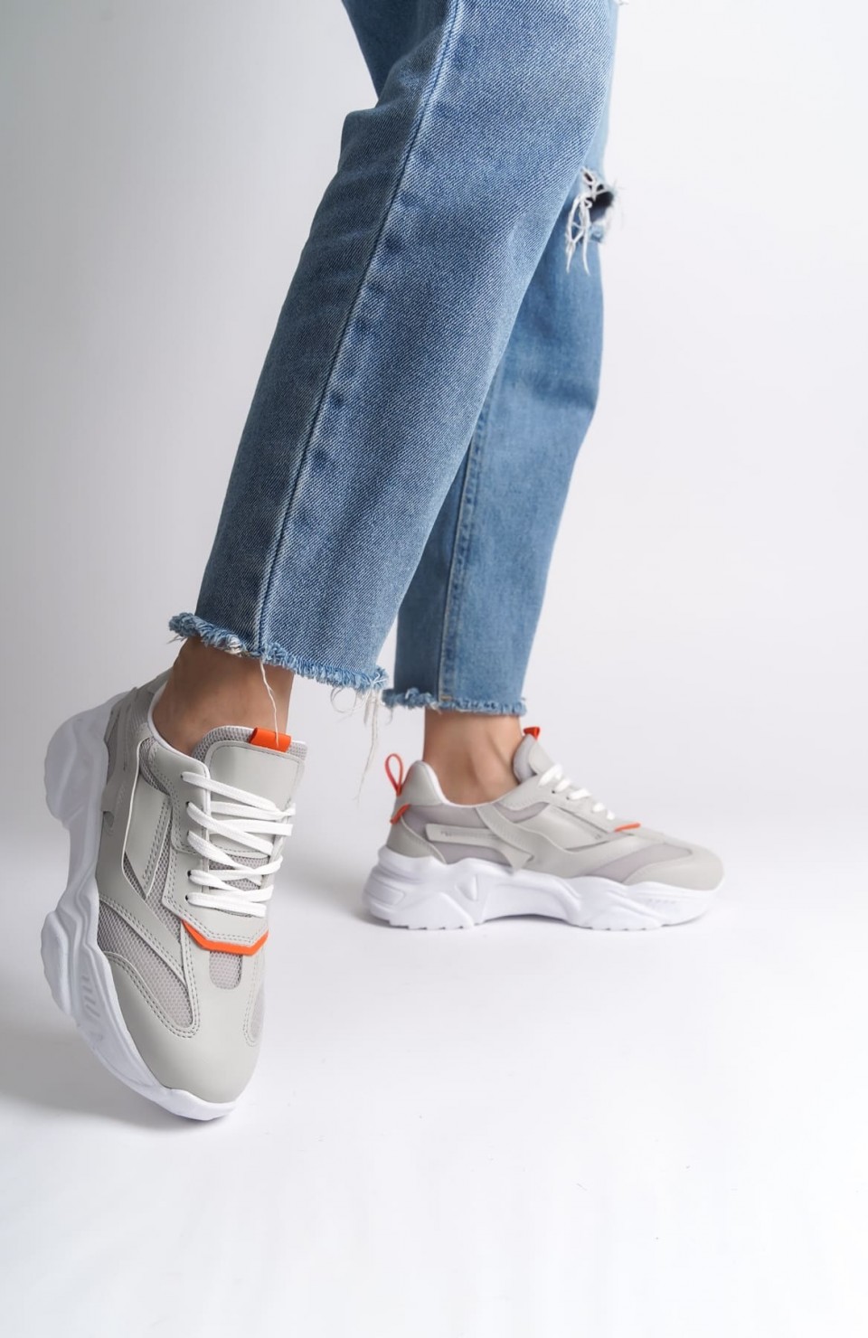 TOKYO Bağcıklı Ortopedik Taban Triko Detaylı Kadın Spor Ayakkabı  TBT - Gri/Turuncu