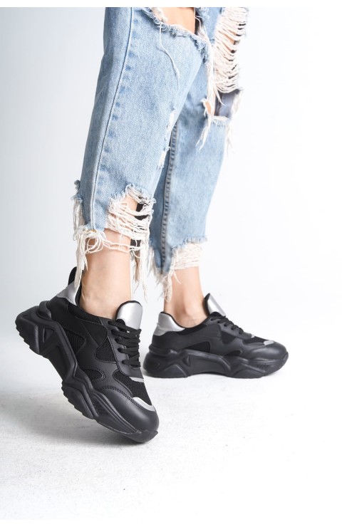 TOKYO Bağcıklı Ortopedik Taban Triko Detaylı Kadın Spor Ayakkabı  TST - Siyah/Gri