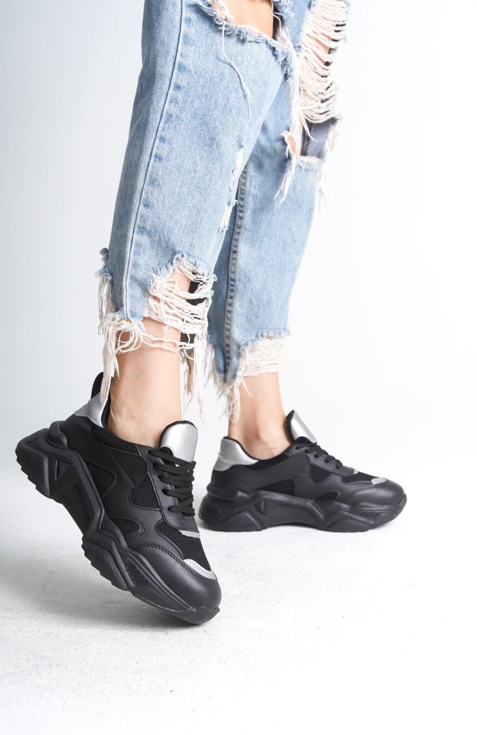 TOKYO Bağcıklı Ortopedik Taban Triko Detaylı Kadın Spor Ayakkabı  TST - Siyah/Gri Somersan Giyim | Kadın, Erkek ve Çocuk Moda