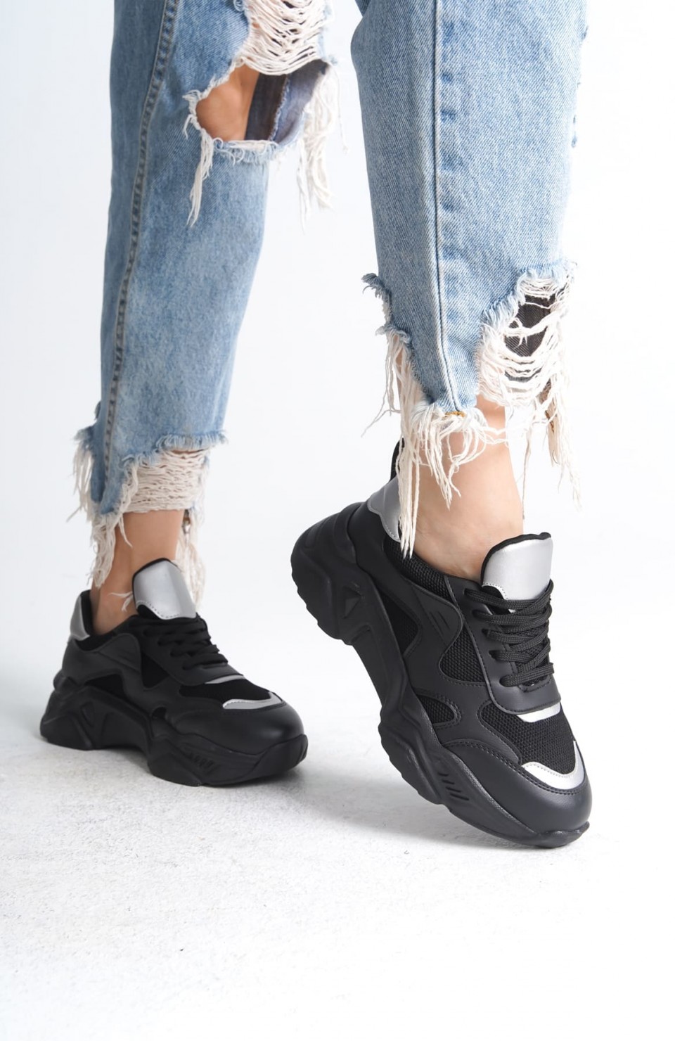 TOKYO Bağcıklı Ortopedik Taban Triko Detaylı Kadın Spor Ayakkabı  TST - Siyah/Gri Somersan Giyim | Kadın, Erkek ve Çocuk Moda
