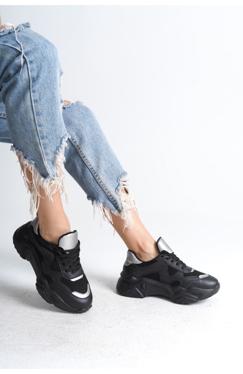 TOKYO Bağcıklı Ortopedik Taban Triko Detaylı Kadın Spor Ayakkabı  TST - Siyah/Gri