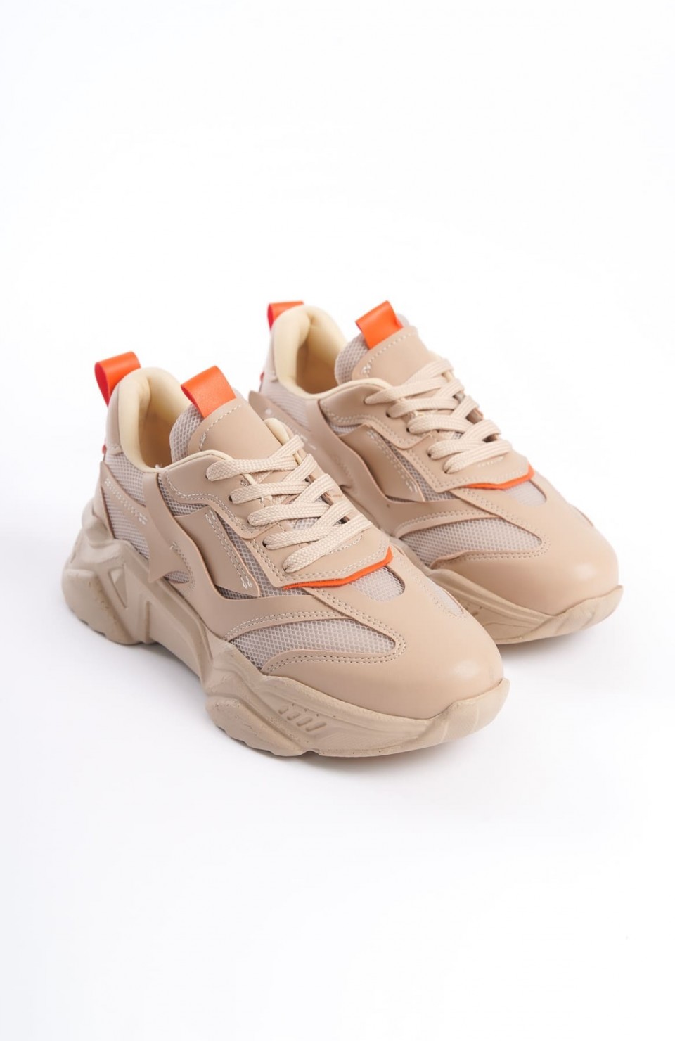 TOKYO Bağcıklı Ortopedik Taban Triko Detaylı Kadın Spor Ayakkabı  TTT - Ten/Turuncu