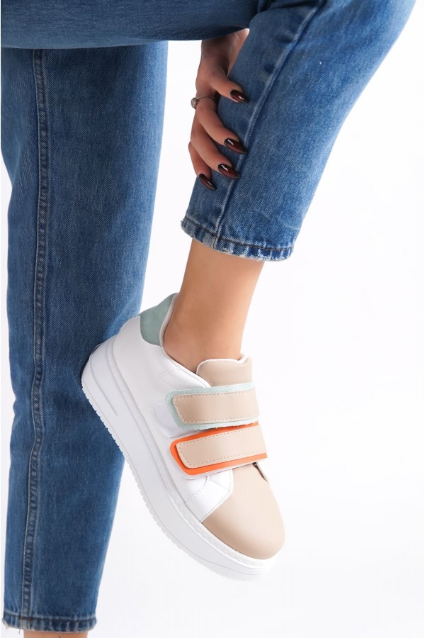 VALENCIA Bağcıksız Cırt Cırtlı Ortopedik Taban Kadın Sneaker Spor Ayakkabı CBT - Beyaz/Ten/Mavi