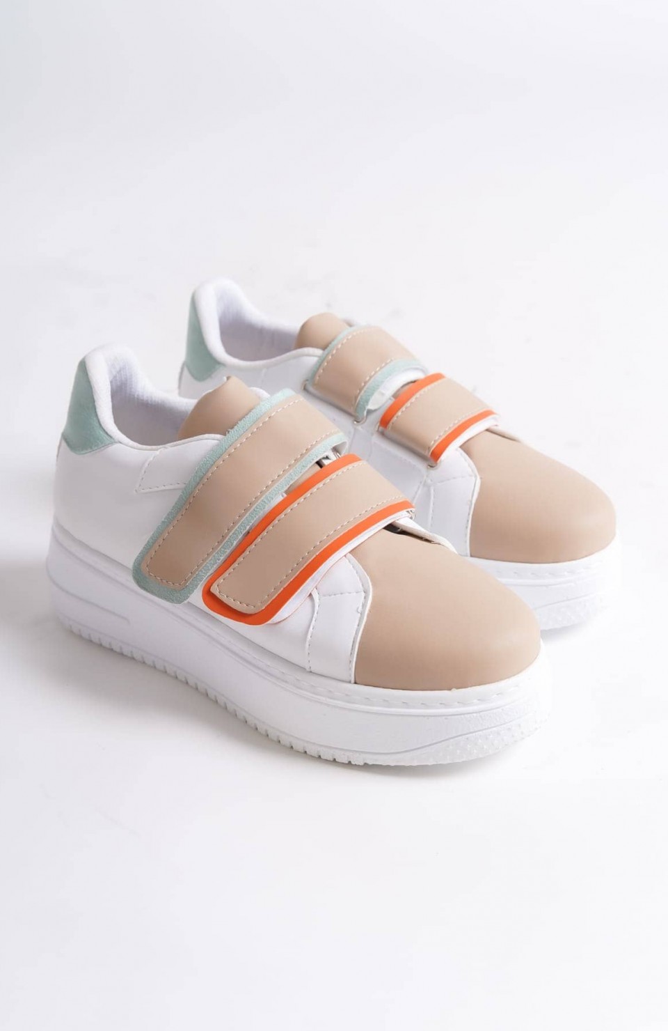 VALENCIA Bağcıksız Cırt Cırtlı Ortopedik Taban Kadın Sneaker Spor Ayakkabı CBT - Beyaz/Ten/Mavi