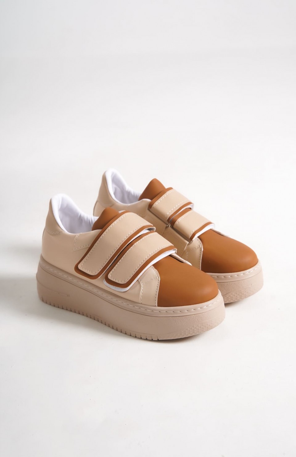 VALENCIA Bağcıksız Cırt Cırtlı Ortopedik Taban Kadın Sneaker Spor Ayakkabı CTT - Ten/Kahve