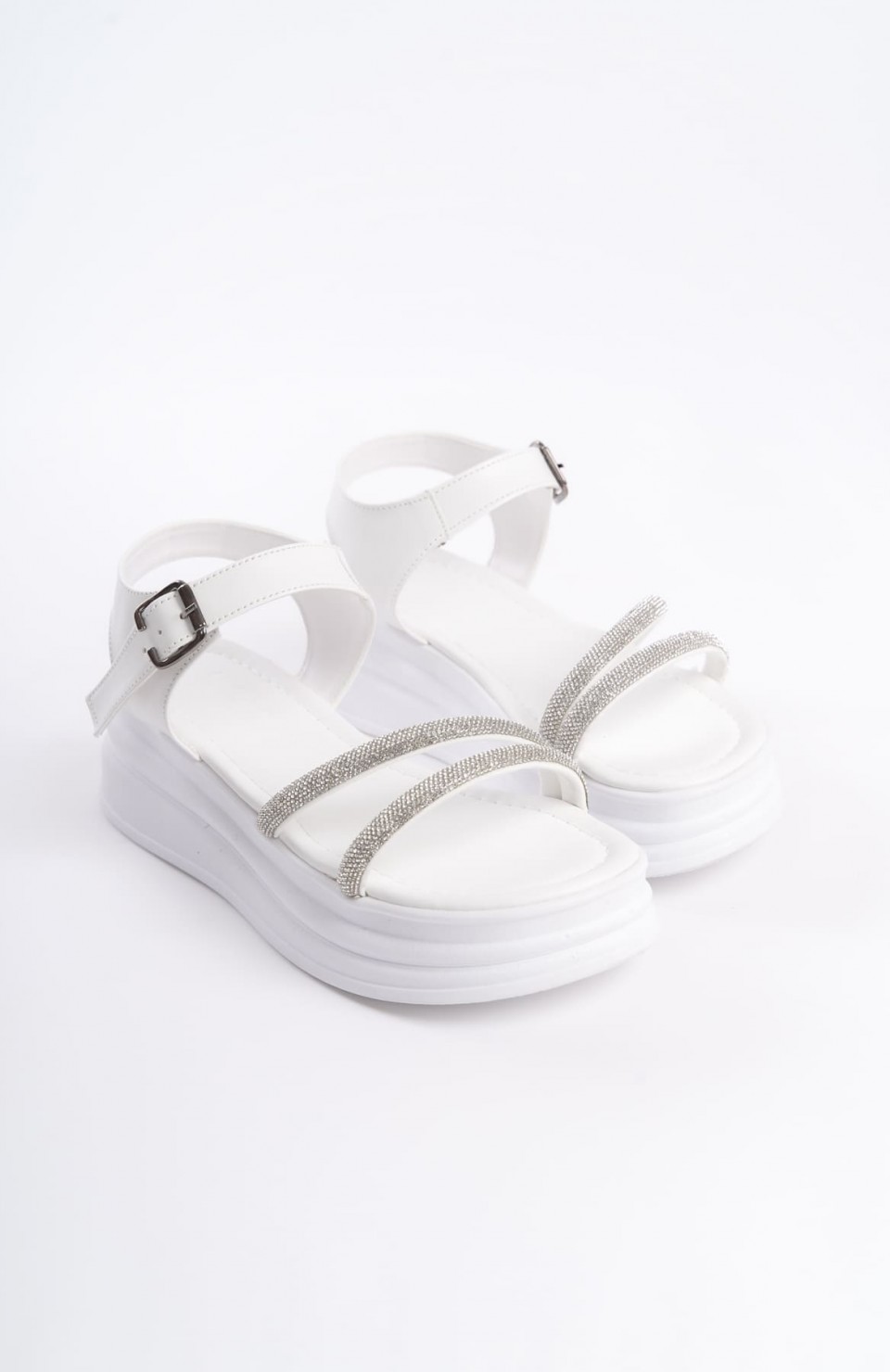 ZLOHE Kalın Tokalı Taşlı Şeritli Ortopedik Taban Kadın Sandalet CBT - Beyaz