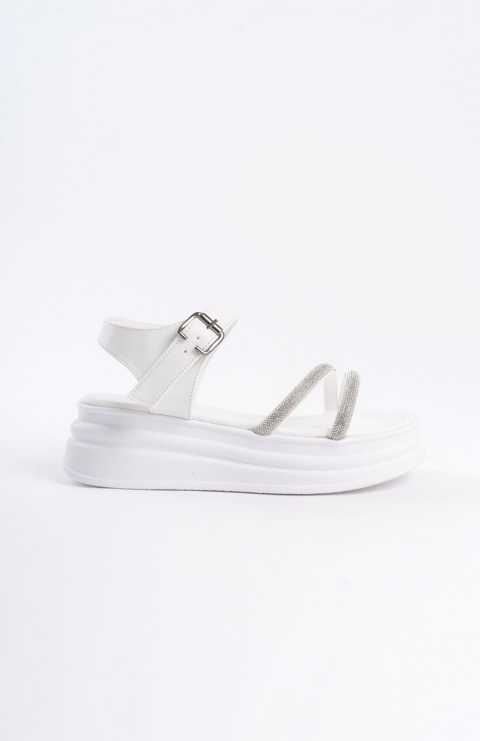 ZLOHE Kalın Tokalı Taşlı Şeritli Ortopedik Taban Kadın Sandalet CBT - Beyaz