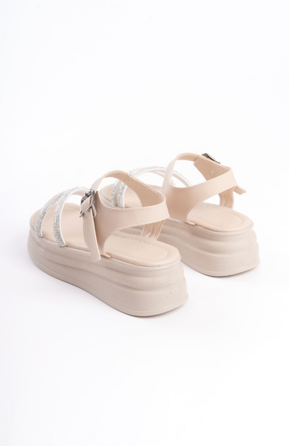 ZLOHE Kalın Tokalı Taşlı Şeritli Ortopedik Taban Kadın Sandalet  CKT - Krem