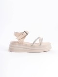 ZLOHE Kalın Tokalı Taşlı Şeritli Ortopedik Taban Kadın Sandalet  CKT - Krem