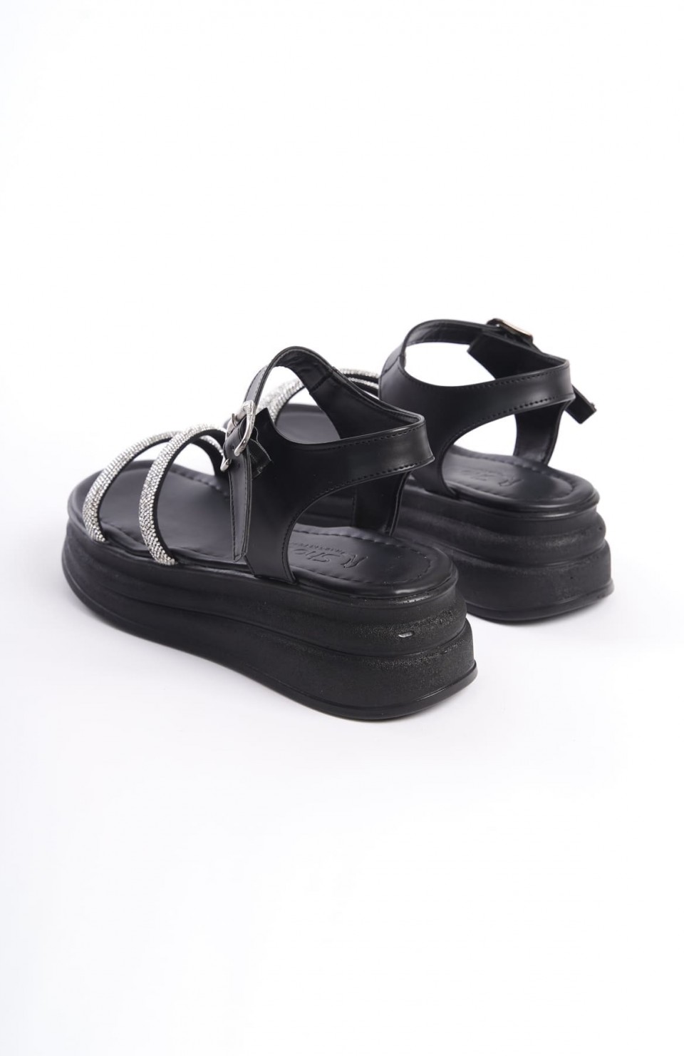 ZLOHE Kalın Tokalı Taşlı Şeritli Ortopedik Taban Kadın Sandalet  CST - Siyah