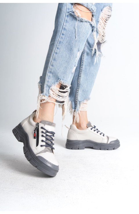 AGATHA Bağcıklı Fermuarlı Ortopedik Taban Kadın Sneaker Spor Ayakkabı CGT - Krem