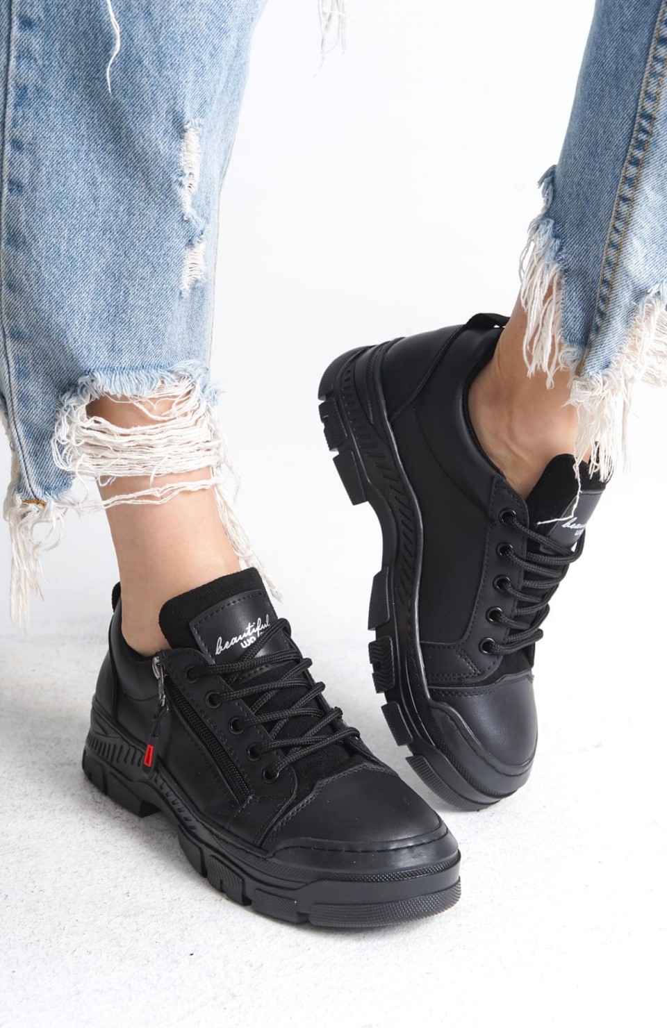 AGATHA Bağcıklı Fermuarlı Ortopedik Taban Kadın Sneaker Spor Ayakkabı CST - Siyah Somersan Giyim | Kadın, Erkek ve Çocuk Moda