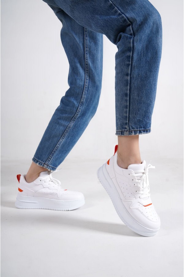 ALESSI Bağcıklı Ortopedik Taban Kadın Sneaker Spor Ayakkabı CBT - Beyaz/Turuncu