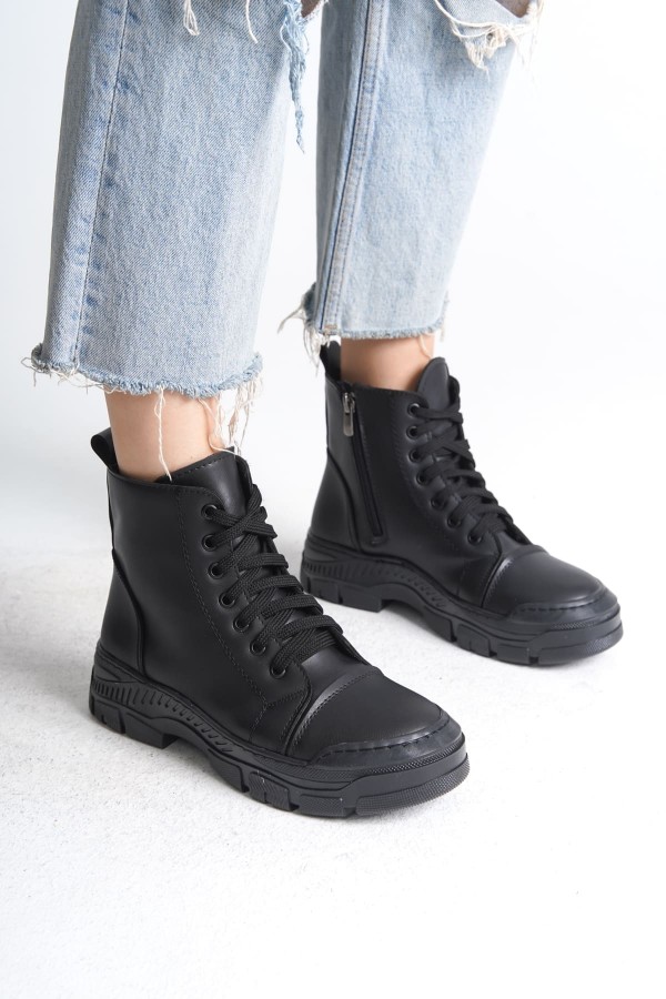 BLOOM Bağcıklı Fermuarlı Ortopedik Taban Kadın Bot CST - Siyah
