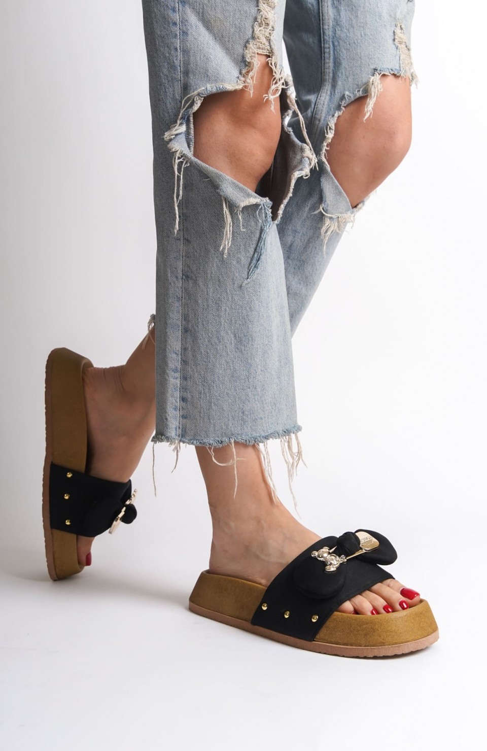 DILA Kalın ve Ortopedik Taban Ayıcıklı Saten Kadın Terlik  SKT - Siyah Somersan Giyim | Kadın, Erkek ve Çocuk Moda