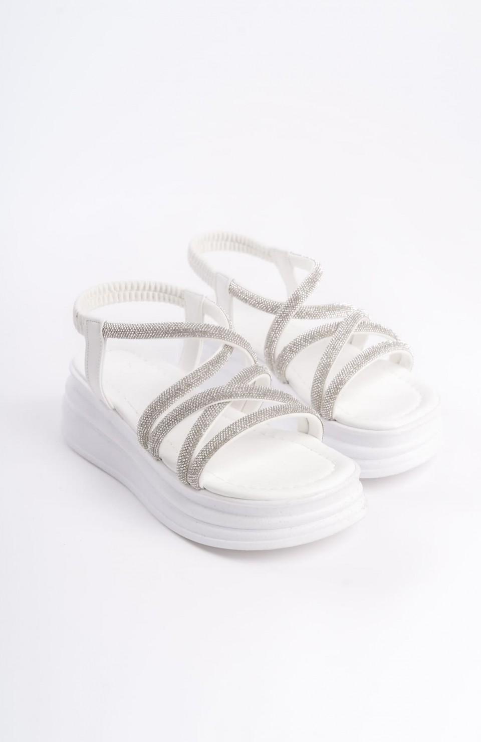 ELENA Lastikli Taşlı Şeritli Ortopedik Taban Kadın Sandalet  CBT - Beyaz Somersan Giyim | Kadın, Erkek ve Çocuk Moda