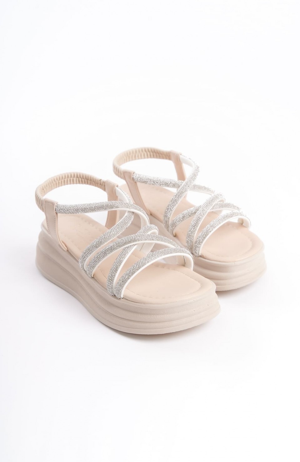 ELENA Lastikli Taşlı Şeritli Ortopedik Taban Kadın Sandalet  CKT - Krem Somersan Giyim | Kadın, Erkek ve Çocuk Moda