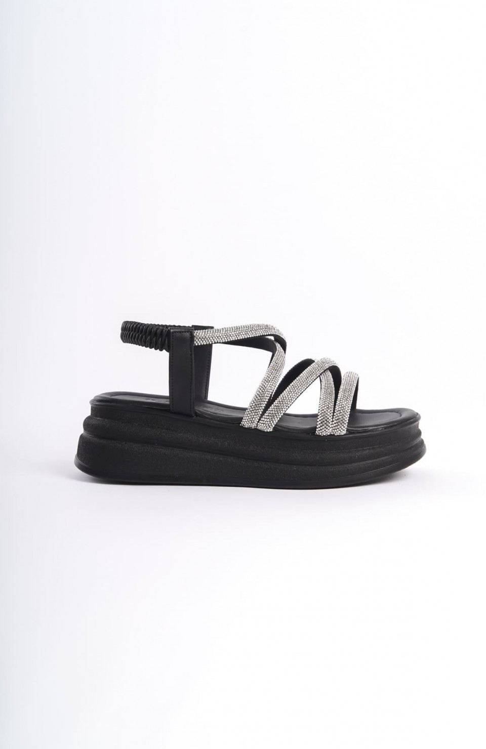ELENA Lastikli Taşlı Şeritli Ortopedik Taban Kadın Sandalet CST - Siyah Somersan Giyim | Kadın, Erkek ve Çocuk Moda