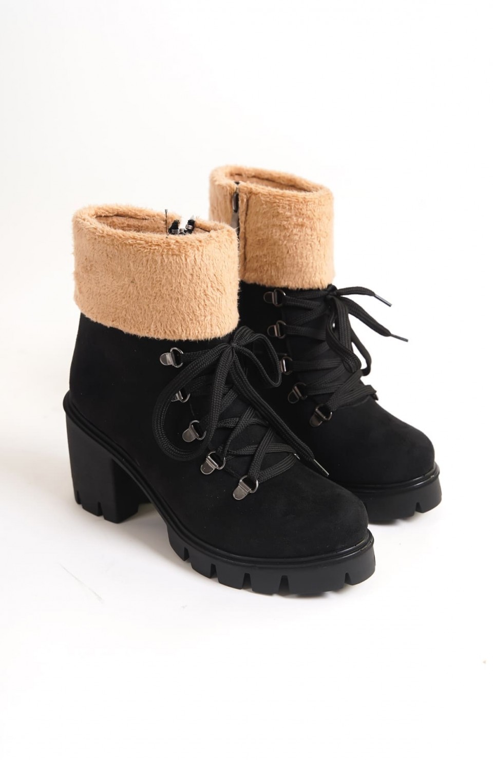 EMMA Bağcıklı Fermuarlı Ortopedik Taban Topuklu Kürk Detaylı Süet Kadın Bot SST - Siyah Somersan Giyim | Kadın, Erkek ve Çocuk Moda