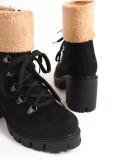 EMMA Bağcıklı Fermuarlı Ortopedik Taban Topuklu Kürk Detaylı Süet Kadın Bot SST - Siyah Somersan Giyim | Kadın, Erkek ve Çocuk Moda