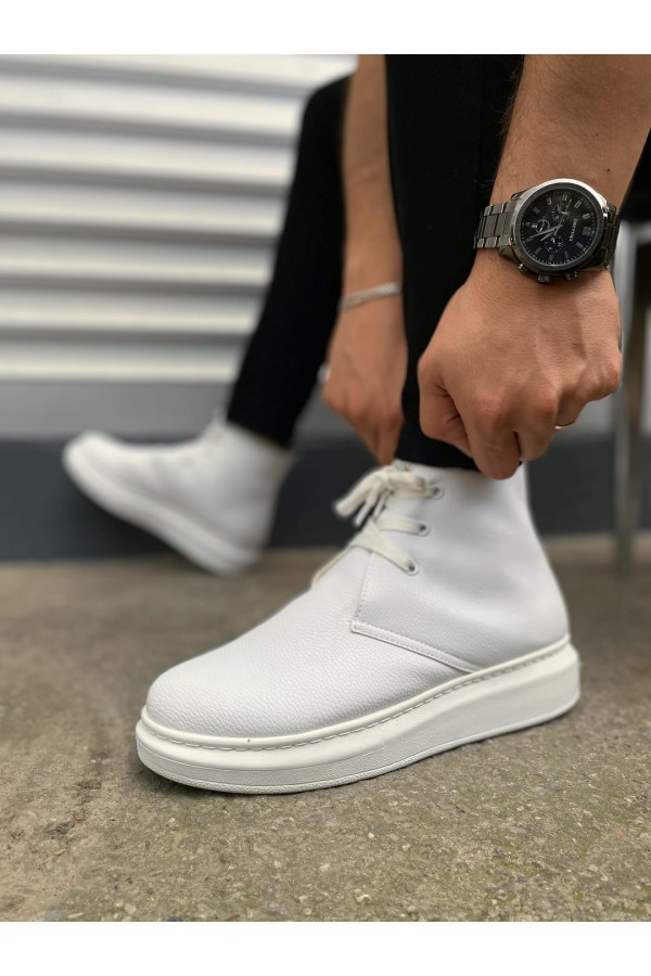 JY207 Oslo Bağcıklı Ortopedik Taban Cilt Erkek Spor Bot CBT - Beyaz