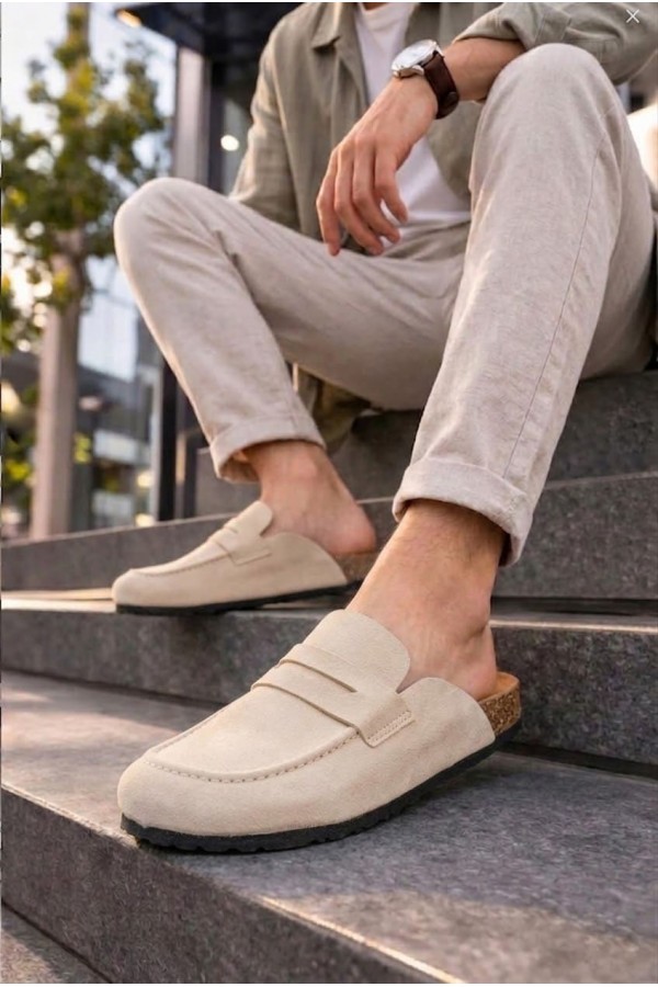 JY0456 Rayn Bağcıksız Hakiki Süet Deri Erkek Günlük Mantar Taban Loafer Klasik Ayakkabı HDMT - Krem