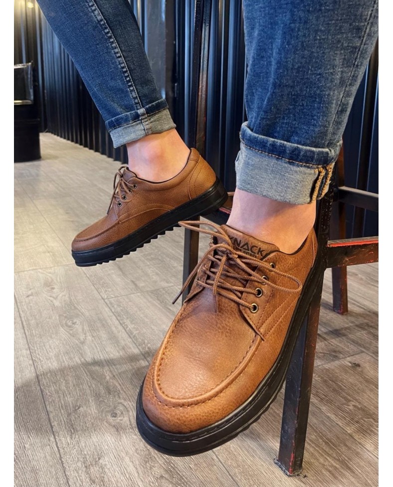 JY-T12 Velaro Bağcıklı Cilt Erkek Günlük Spor Klasik Ayakkabı CST - Taba