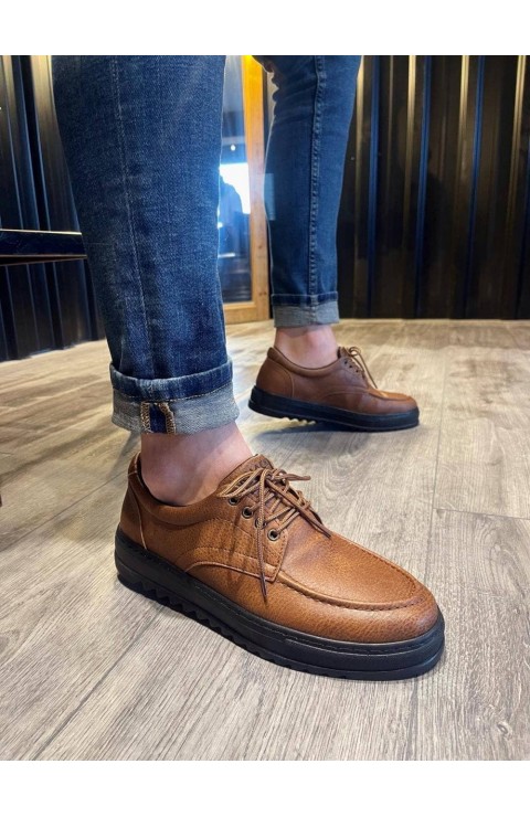 JY-T12 Velaro Bağcıklı Cilt Erkek Günlük Spor Klasik Ayakkabı CST - Taba