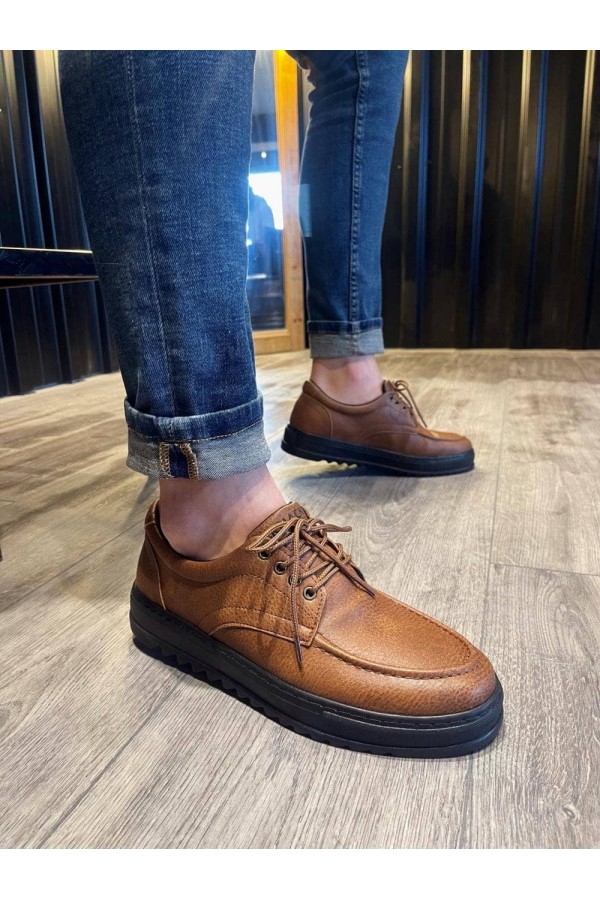 JY-T12 Velaro Bağcıklı Cilt Erkek Günlük Spor Klasik Ayakkabı CST - Taba