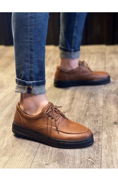 JY-T12 Velaro Bağcıklı Cilt Erkek Günlük Spor Klasik Ayakkabı CST - Taba