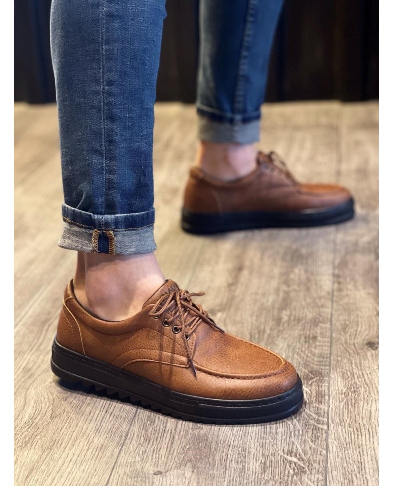 JY-T12 Velaro Bağcıklı Cilt Erkek Günlük Spor Klasik Ayakkabı CST - Taba