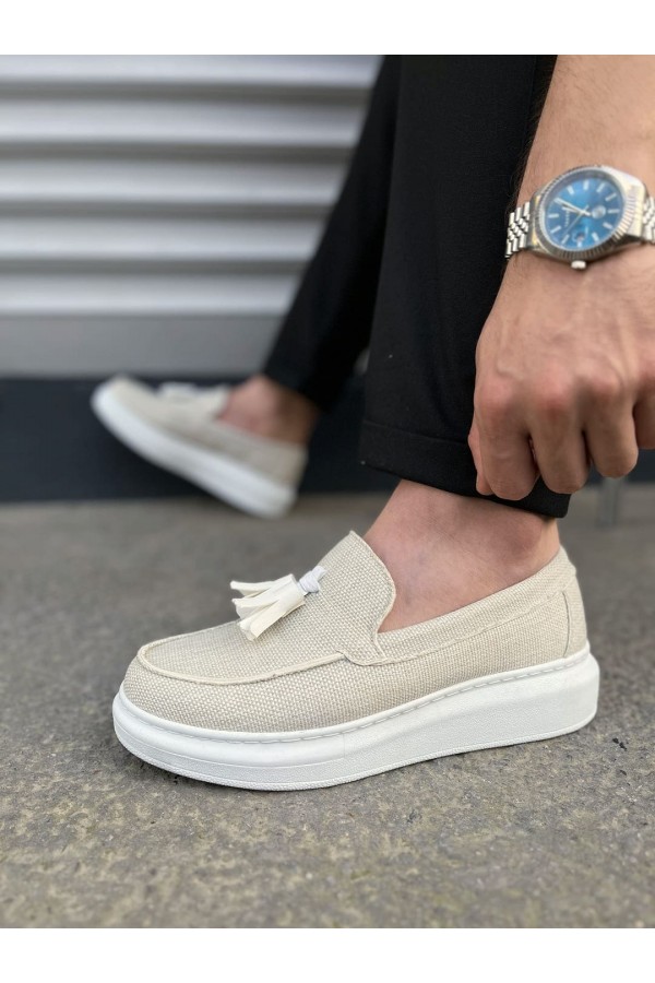 JY154 Blaze Bağcıksız Püsküllü Keten Erkek Günlük Spor Klasik Ayakkabı KBT - Beyaz
