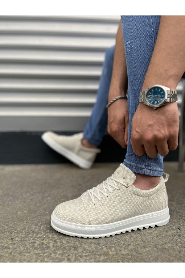 JY152 Cool Bağcıklı Keten Erkek Günlük Spor Klasik Ayakkabı KBT - Beyaz