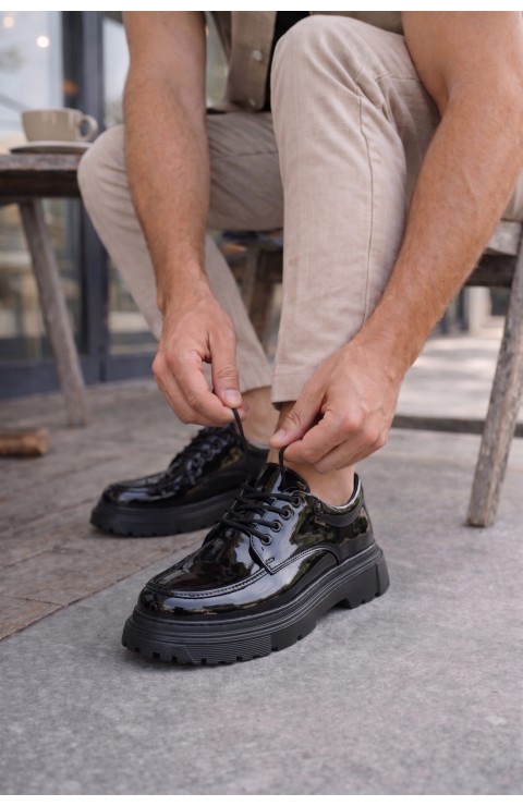 JY06 Solven Bağcıklı Rugan Erkek Günlük Spor Klasik Ayakkabı RST - Siyah