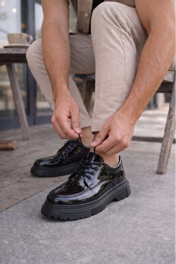 JY06 Solven Bağcıklı Rugan Erkek Günlük Spor Klasik Ayakkabı RST - Siyah