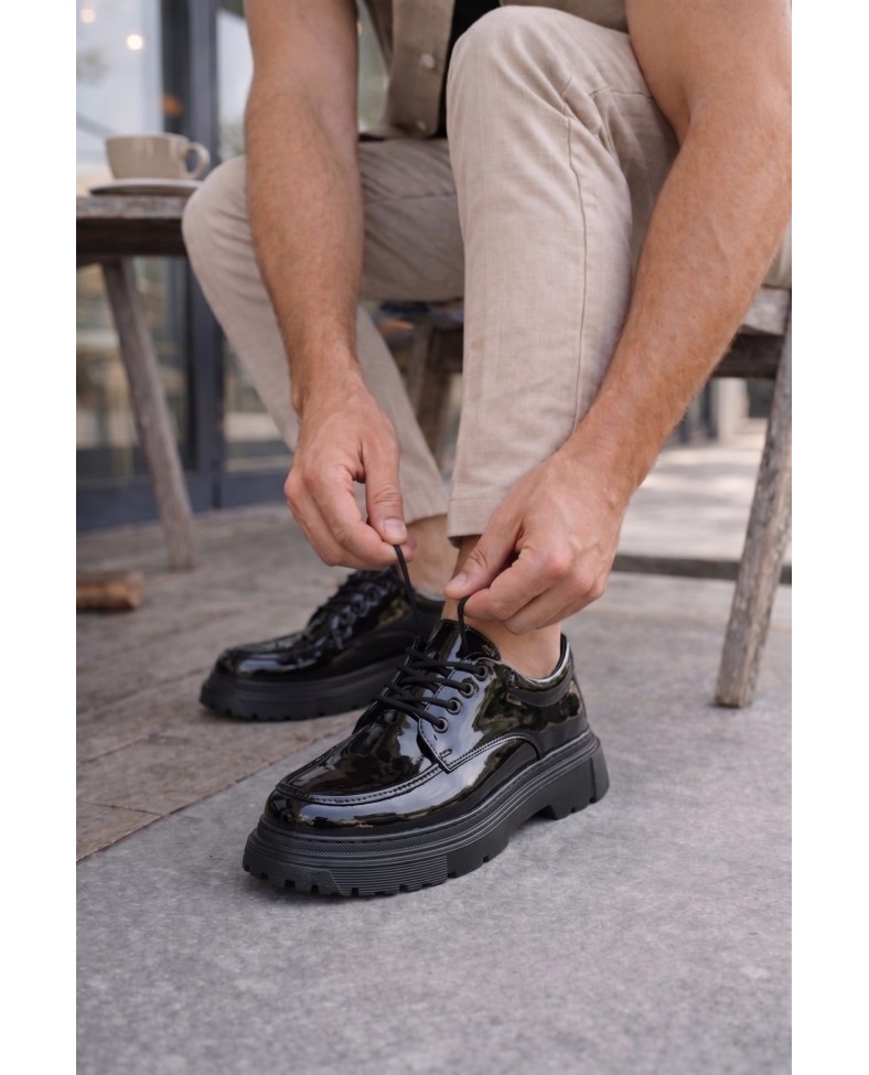 JY06 Solven Bağcıklı Rugan Erkek Günlük Spor Klasik Ayakkabı RST - Siyah